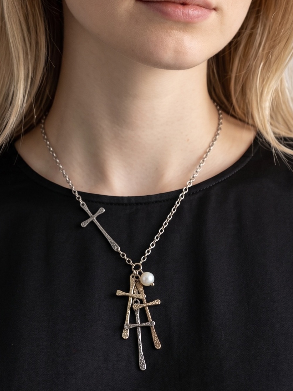 Silver Cross Pendant Necklace with Pearl Accent